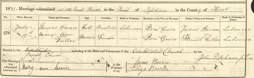Marriage record for Thomas Vevin and Mary Ann Fuller